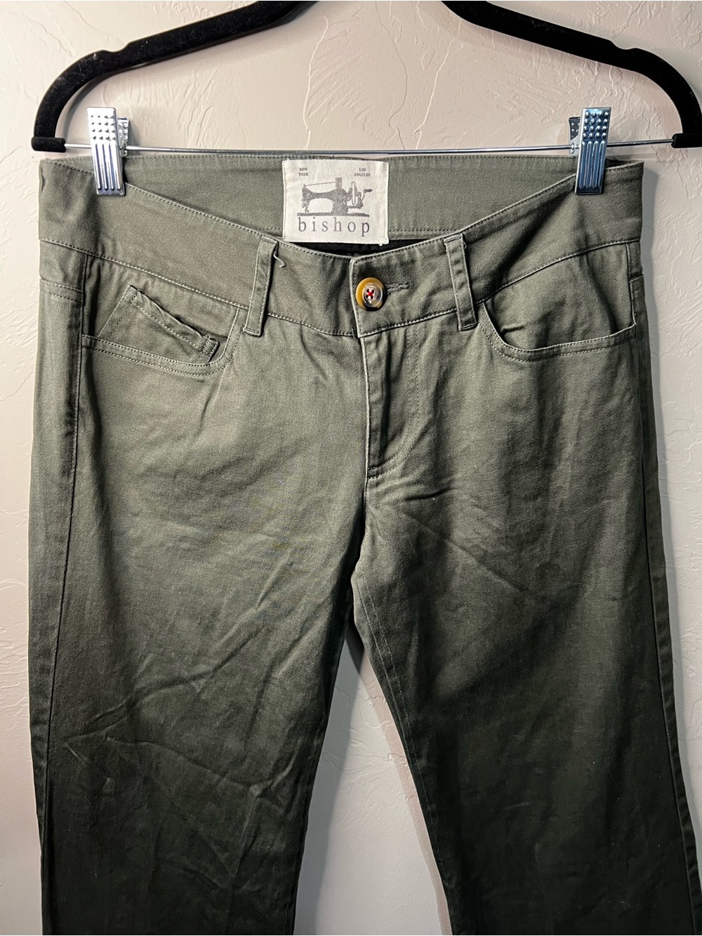 Bishop of Seventh Vintage Y2K Olive Green Low Rise Bootcut Flare Long Pants - Picture 3 of 11